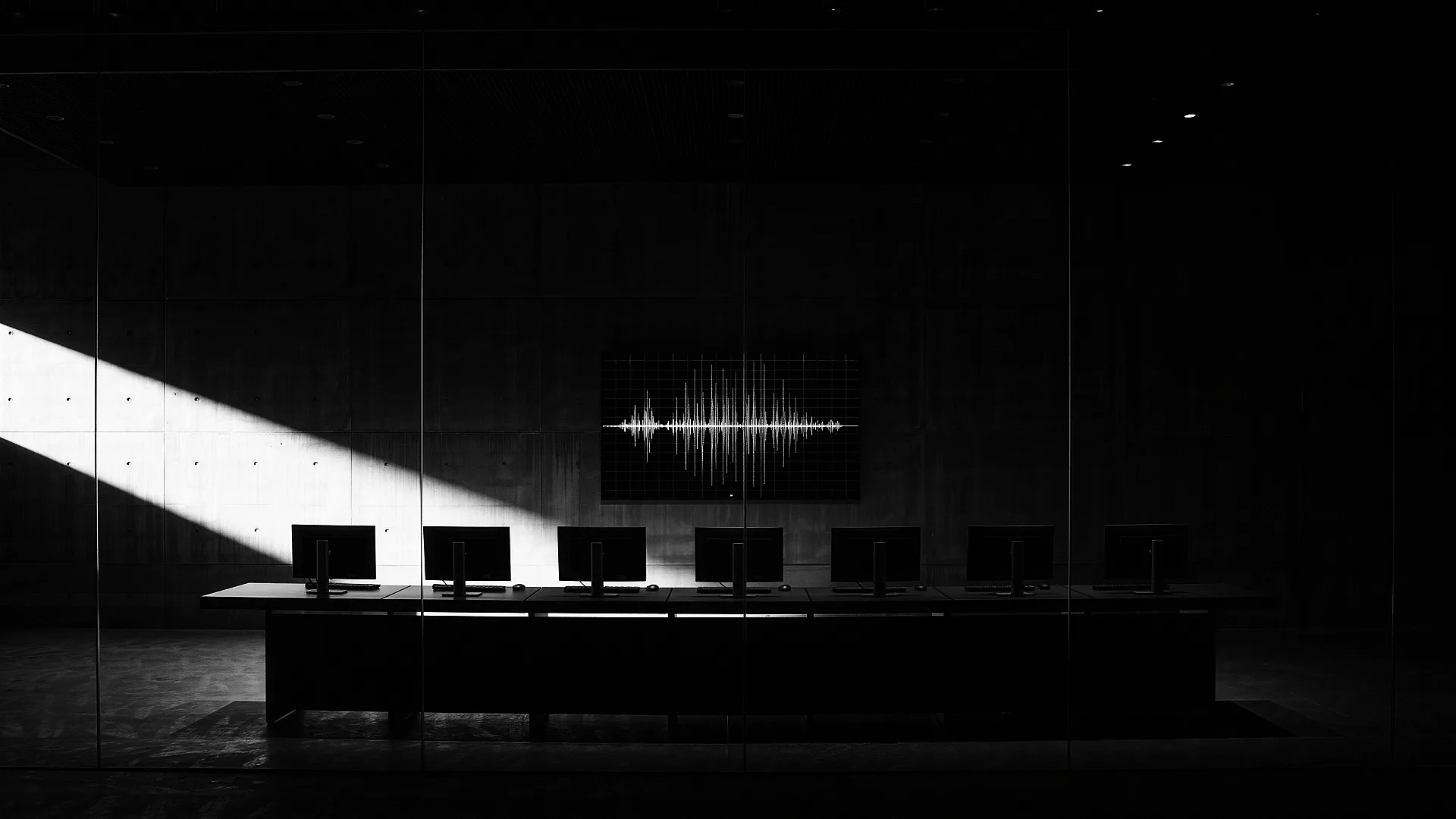 Sala de control de transmisión a oscuras con consolas y un monitor de pared mostrando una forma de onda